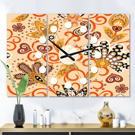 Retro Indian Floral Batik III - Oversized Mid-Century wall clock - 3 Panels