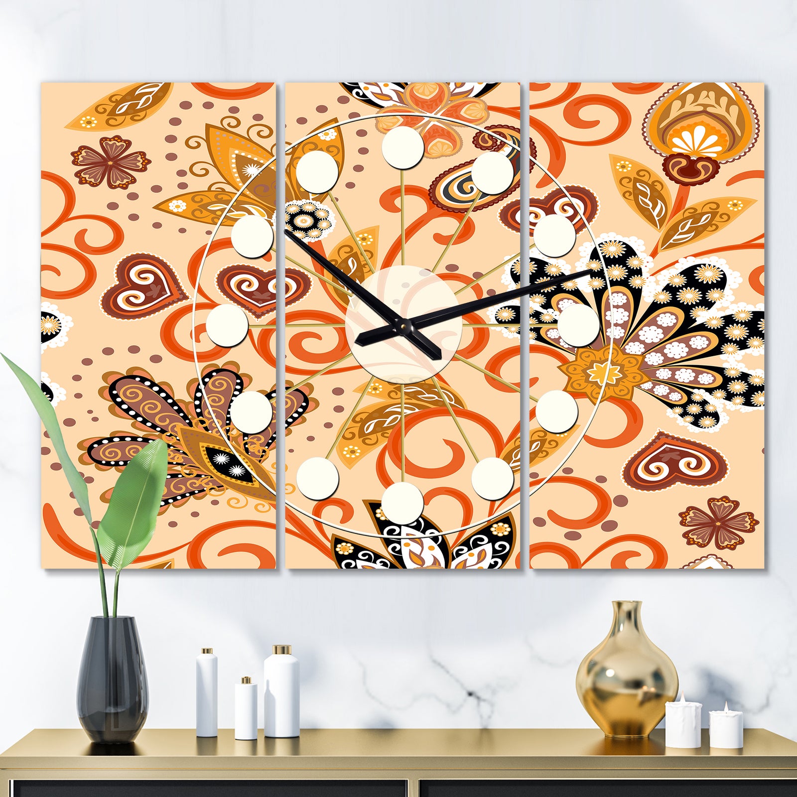 Retro Indian Floral Batik III - Oversized Mid-Century wall clock - 3 Panels
