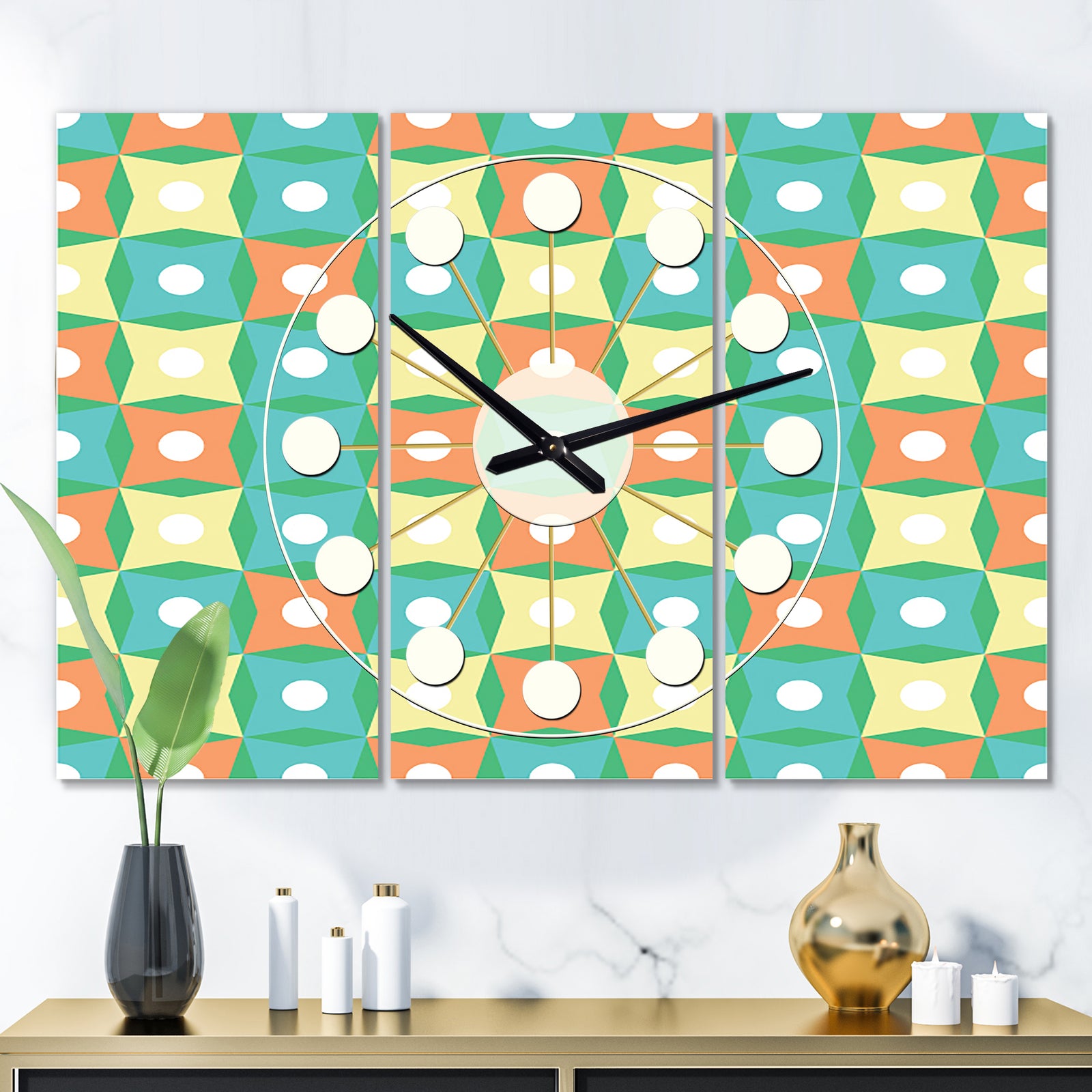 Abstract Design Retro Pattern I - Oversized Mid-Century wall clock - 3 Panels