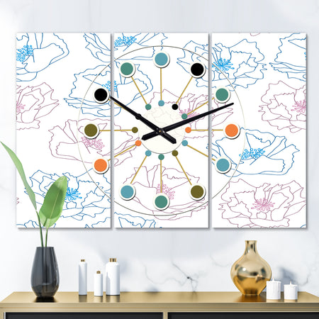 Retro Handdrawn Poppies I - Oversized Mid-Century wall clock - 3 Panels