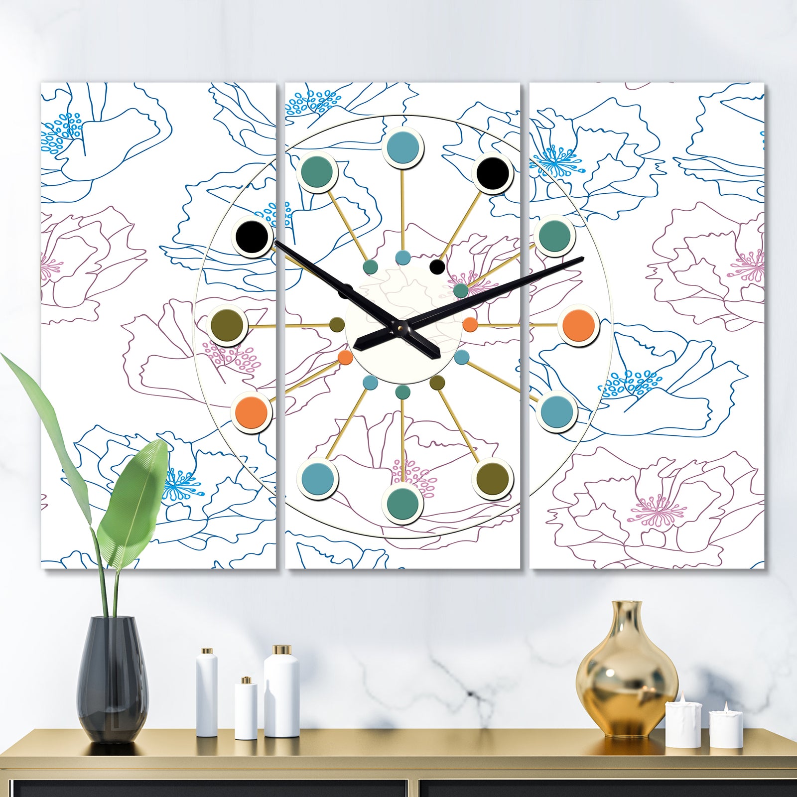Retro Handdrawn Poppies I - Oversized Mid-Century wall clock - 3 Panels