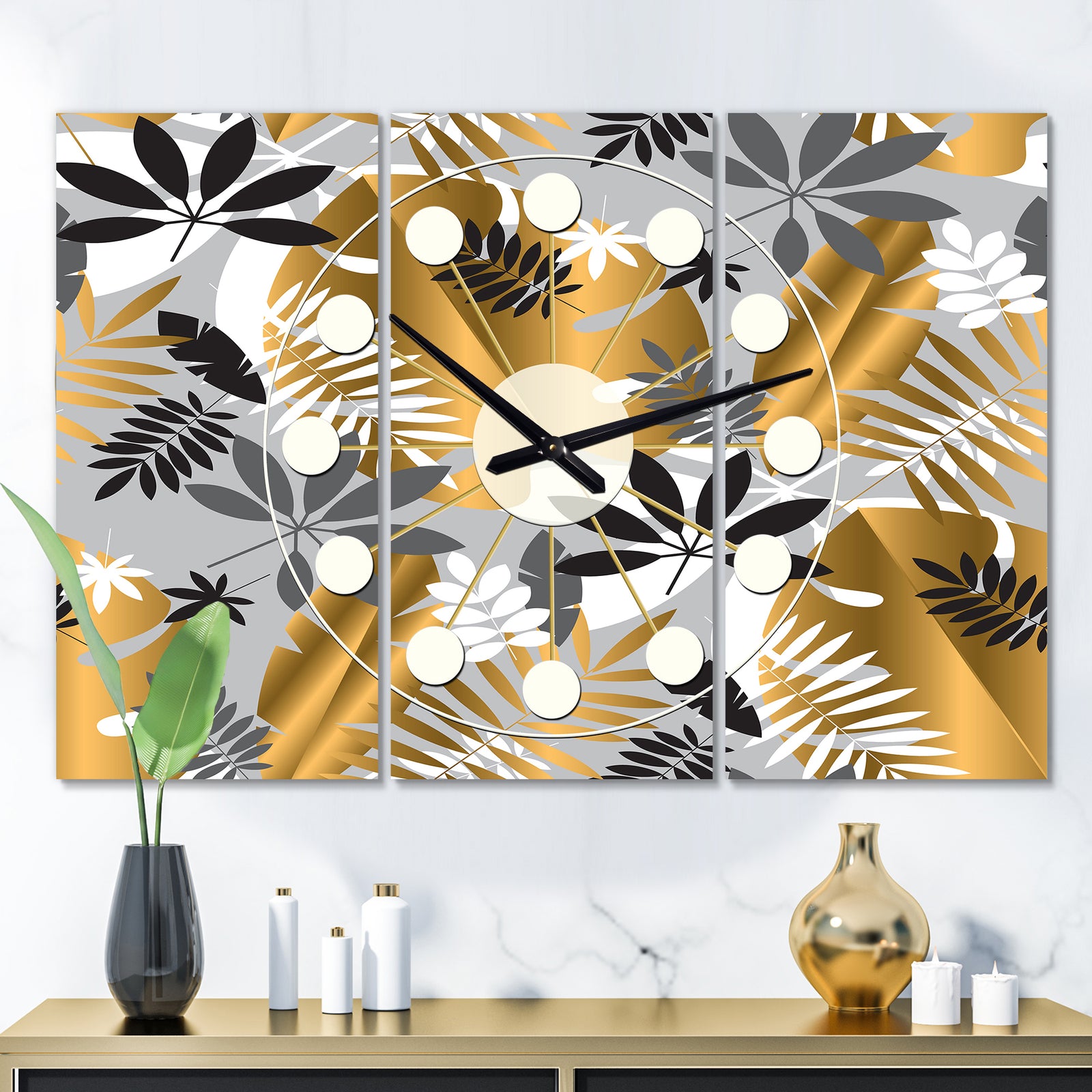 Geometric luxury jungle foliage pattern - Oversized Mid-Century wall clock - 3 Panels