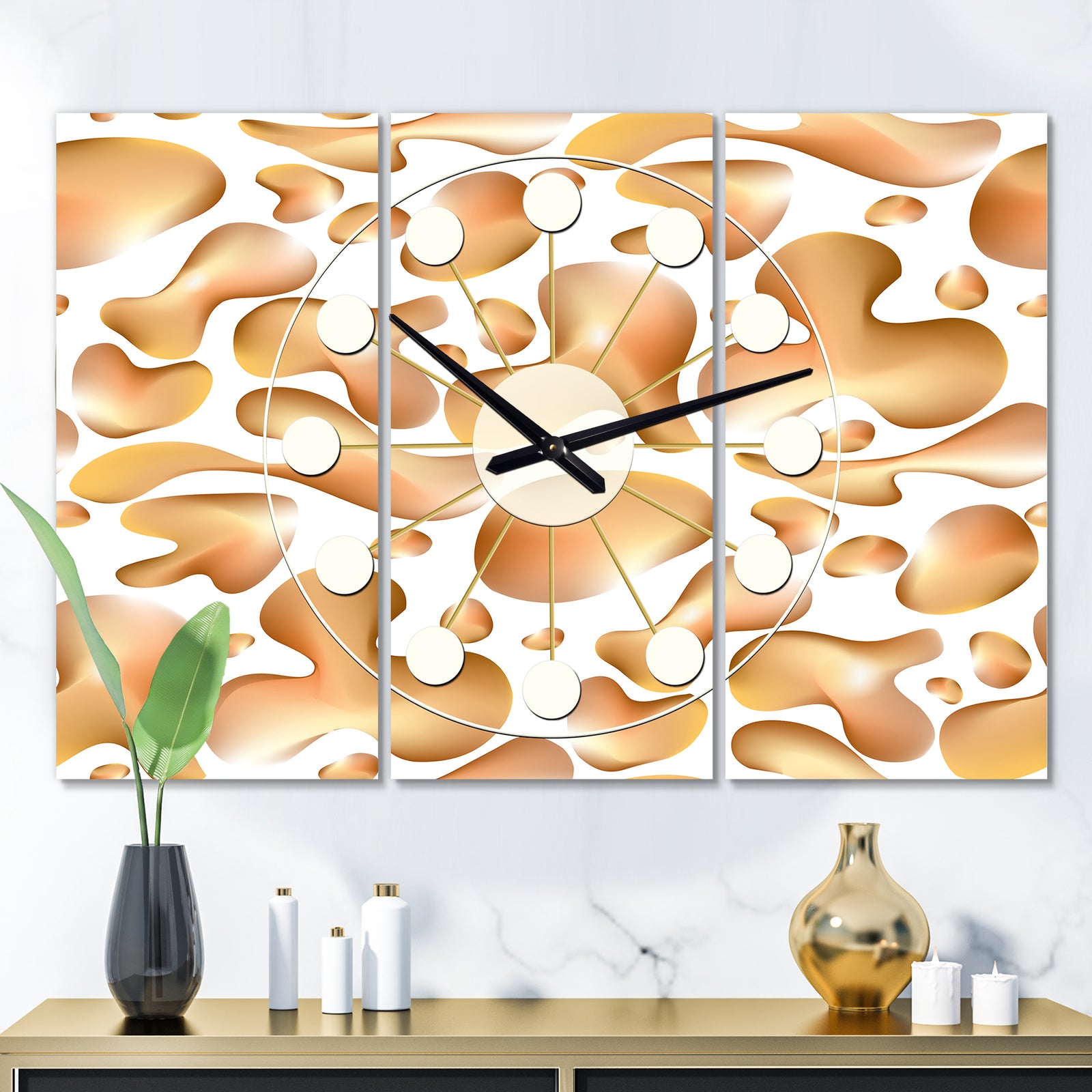 Liquid Gold I - Oversized Mid-Century wall clock - 3 Panels