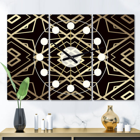 Gold and Black Art Deco Pattern - Oversized Mid-Century wall clock - 3 Panels