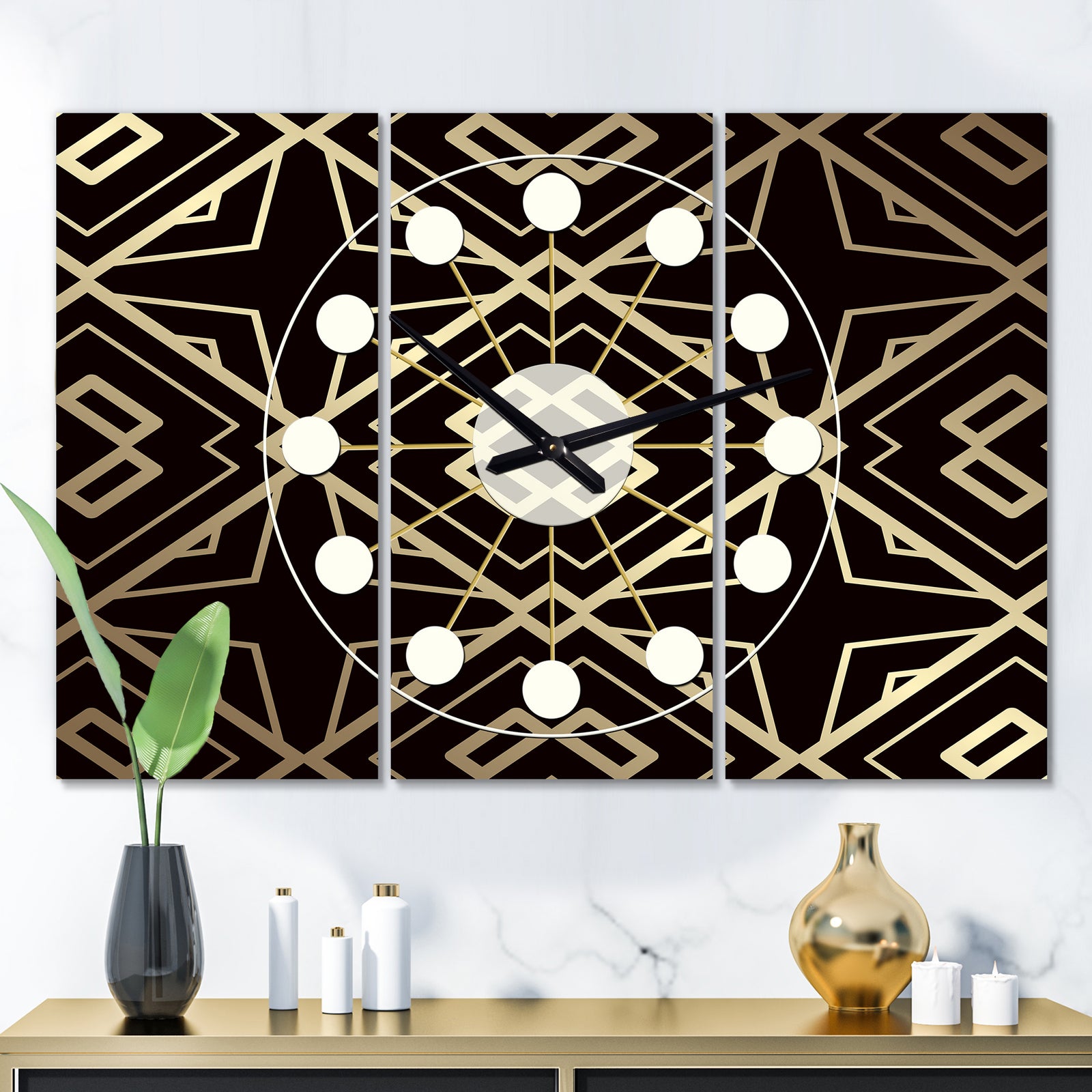 Gold and Black Art Deco Pattern - Oversized Mid-Century wall clock - 3 Panels
