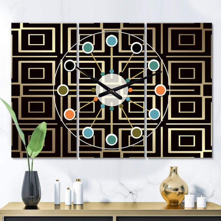 Golden Luxury Metallic Geometrics  XII - Oversized Mid-Century wall clock - 3 Panels