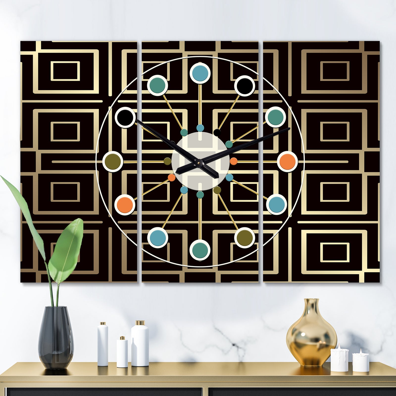 Golden Luxury Metallic Geometrics  XII - Oversized Mid-Century wall clock - 3 Panels