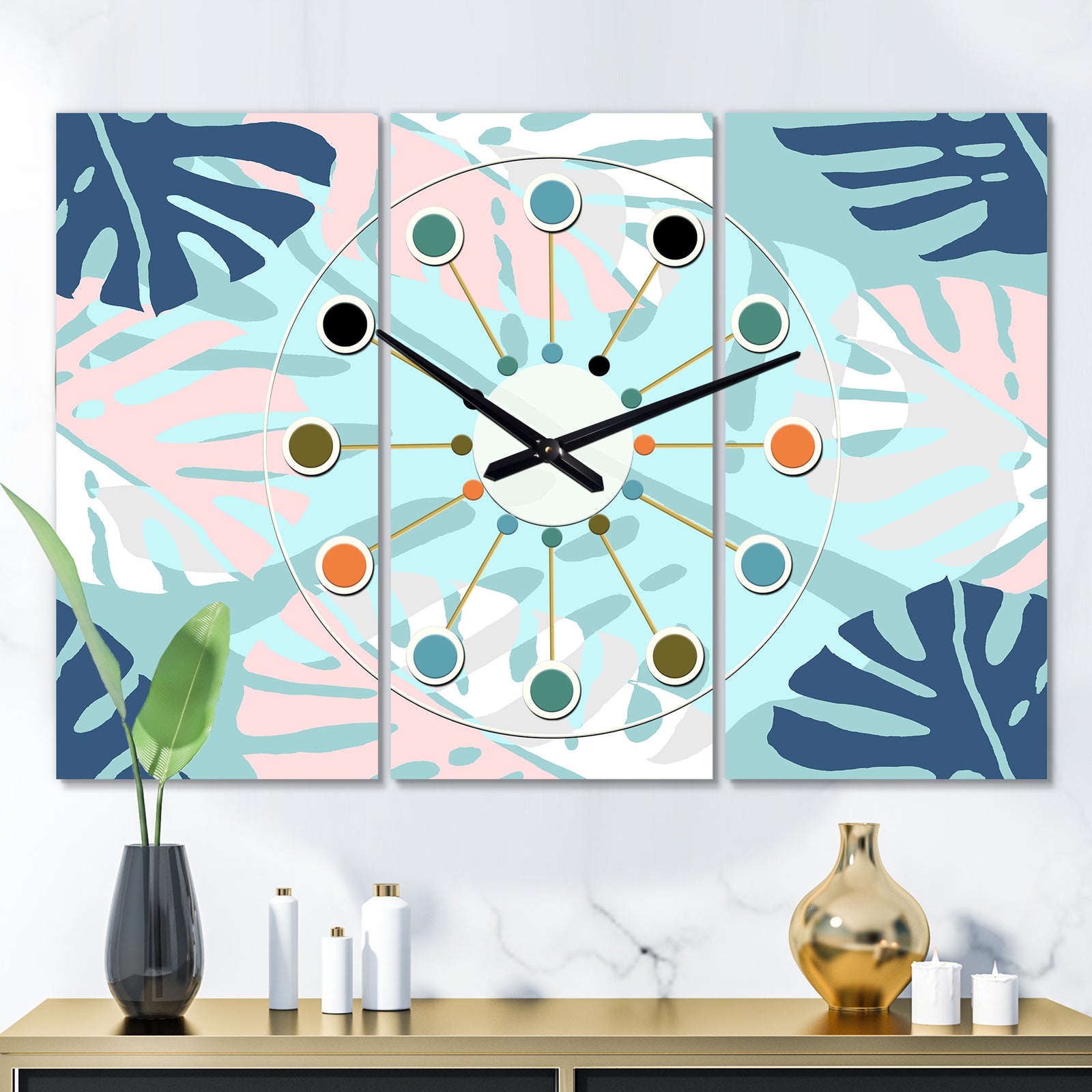 Retro Floral Pattern II - Oversized Mid-Century wall clock - 3 Panels