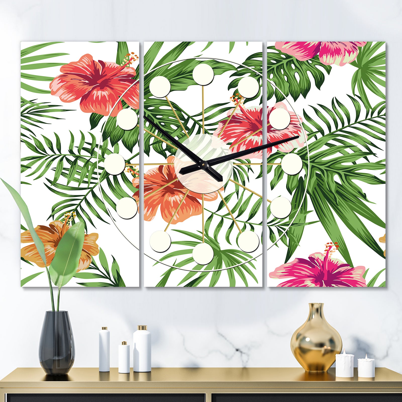 Tropical Botanicals and Flowers II - Oversized Mid-Century wall clock - 3 Panels