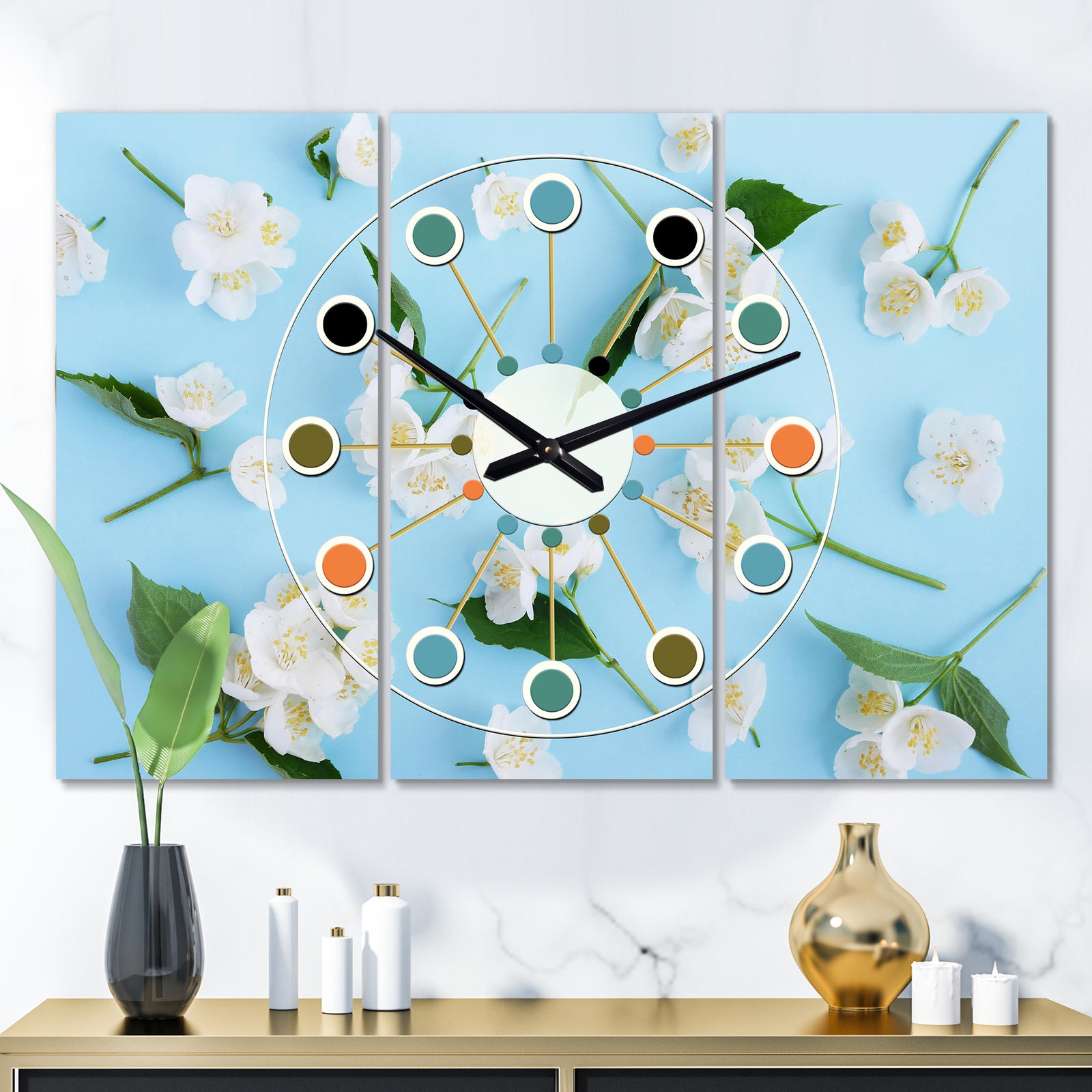 Jasmin Flowers of Bright Blue - Oversized Mid-Century wall clock - 3 Panels
