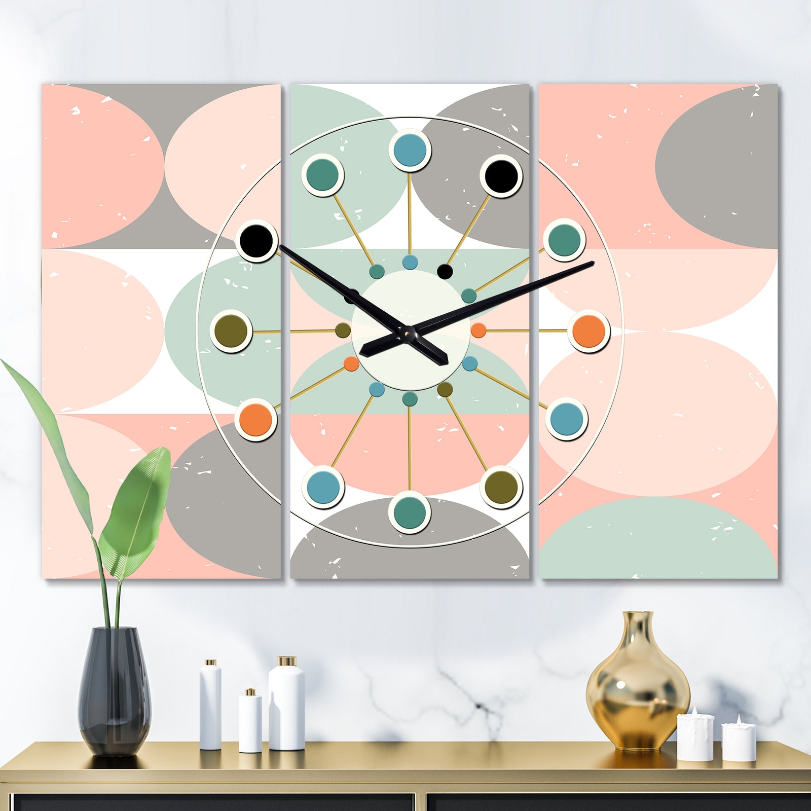 Retro Pastel Circular Pattern II - Oversized Mid-Century wall clock - 3 Panels