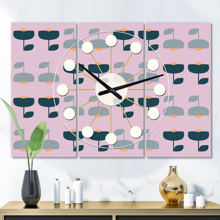 Retro Floral Pattern XIII - Oversized Mid-Century wall clock - 3 Panels