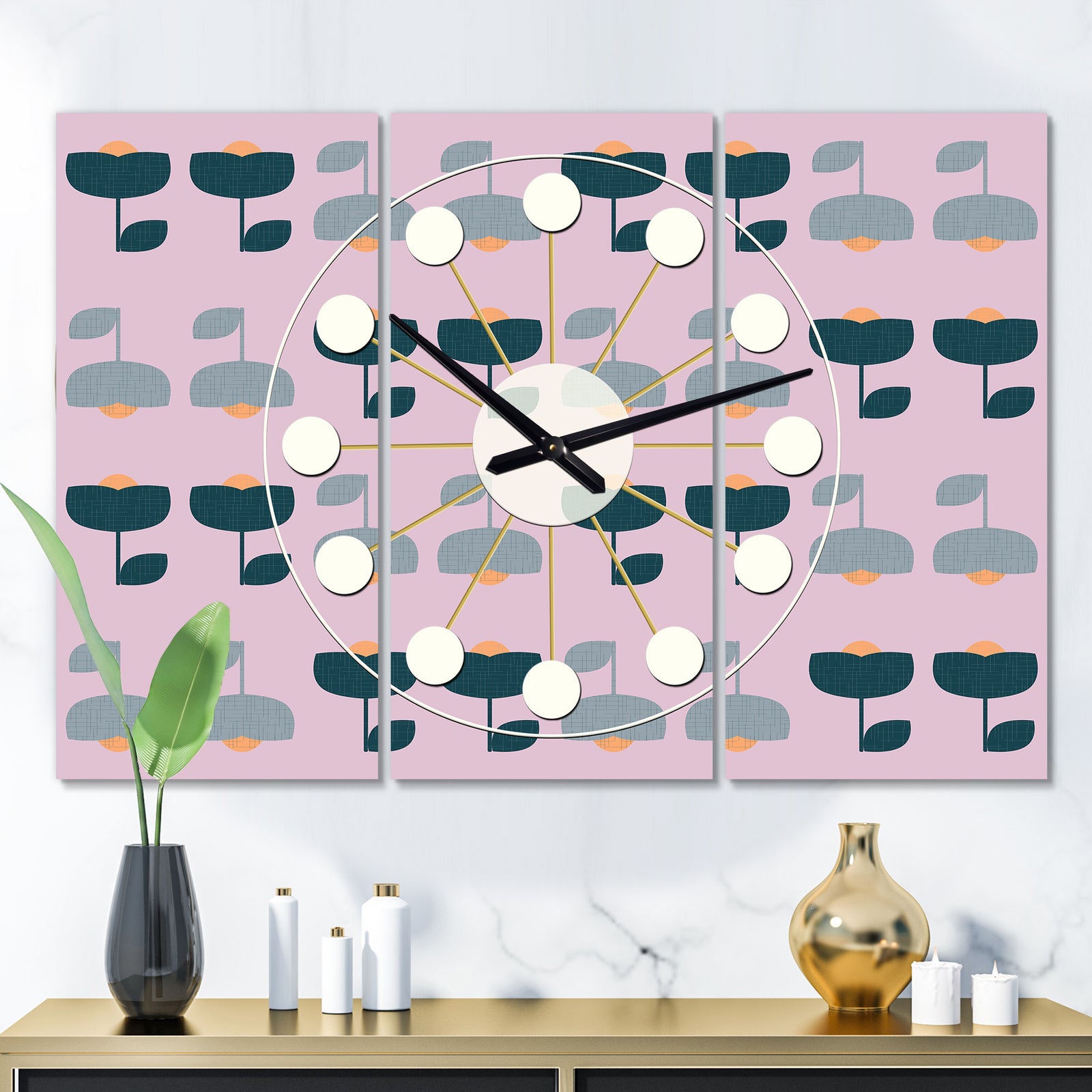 Retro Floral Pattern XIII - Oversized Mid-Century wall clock - 3 Panels