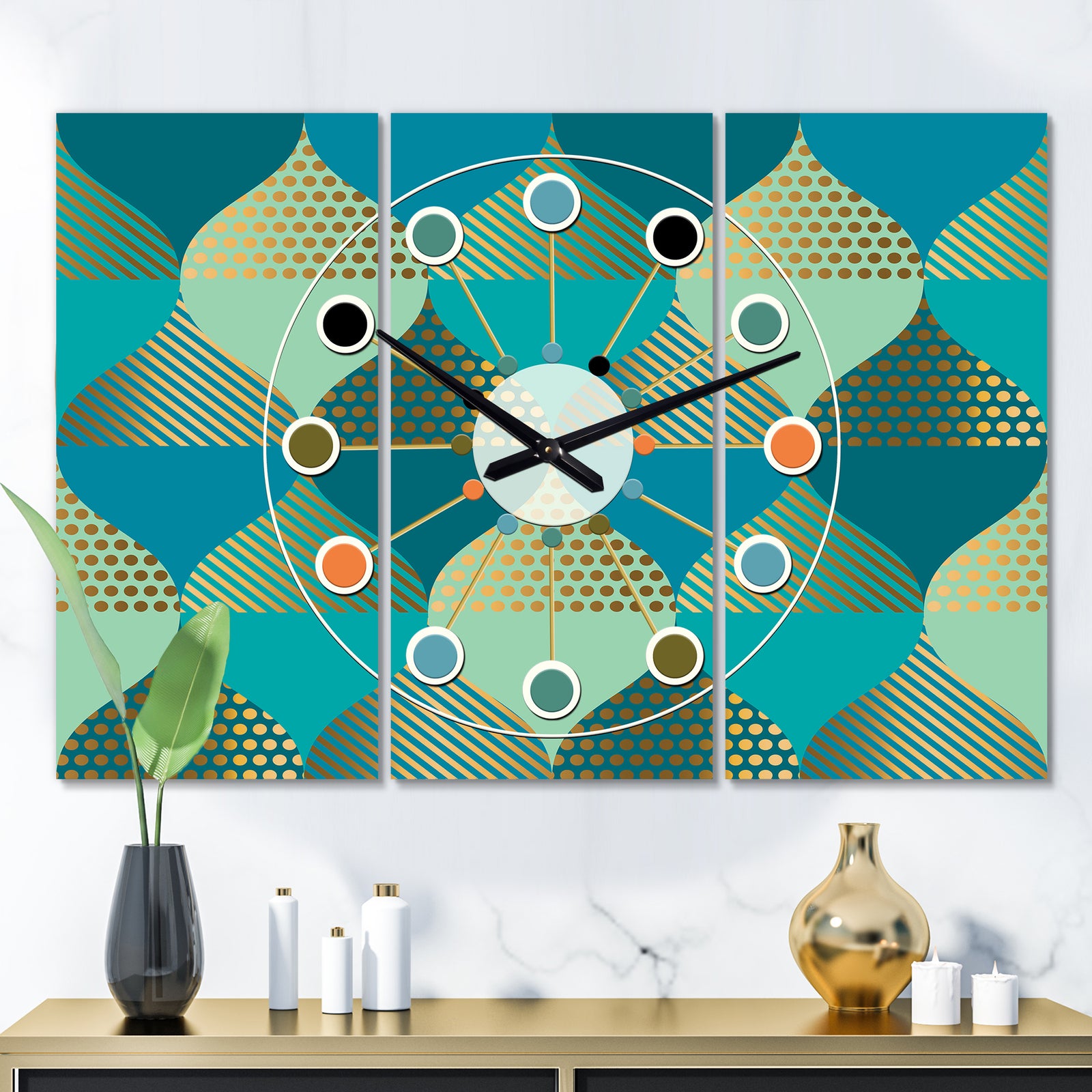 Luxury Retro Drops I - Oversized Mid-Century wall clock - 3 Panels