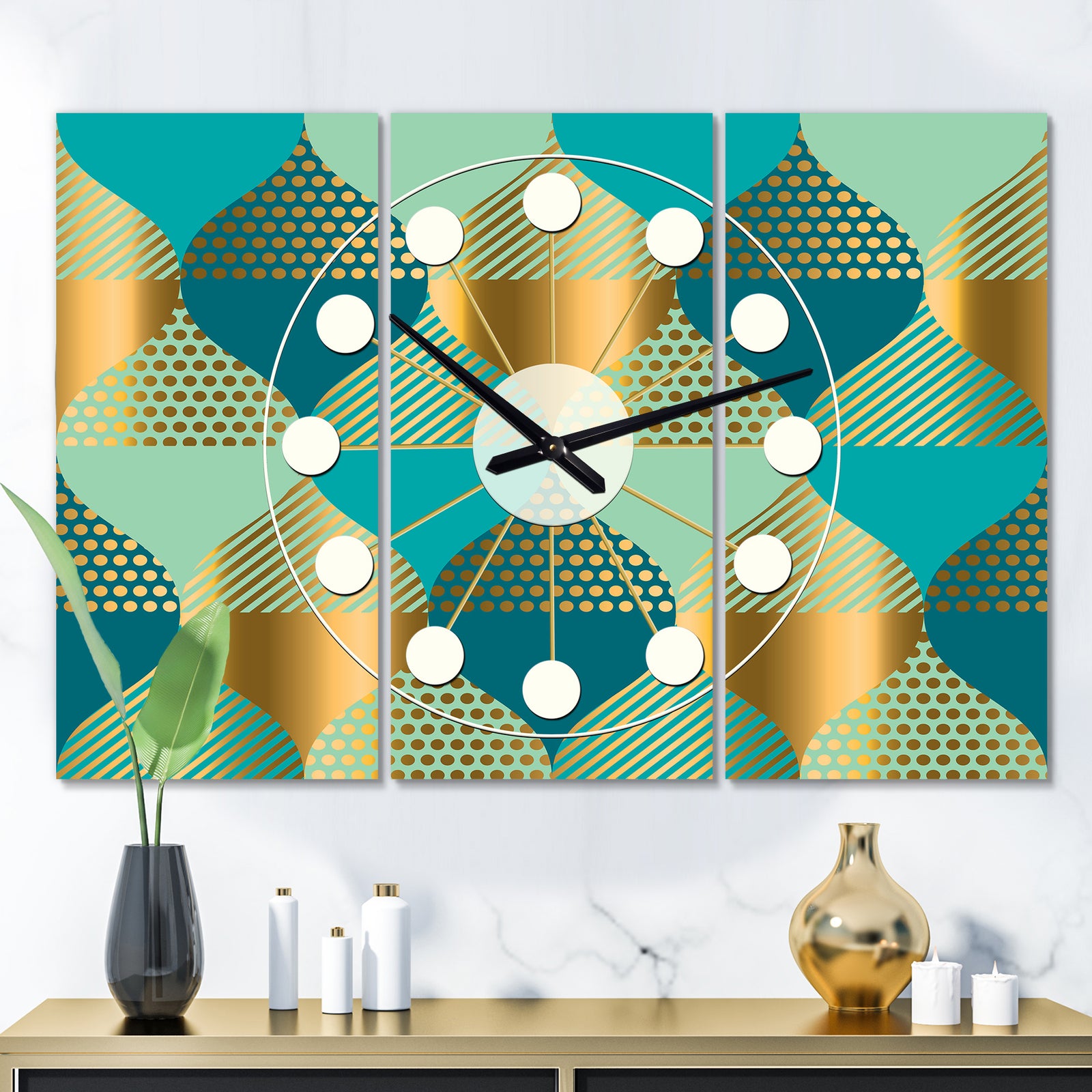 Luxury Retro Drops II - Oversized Mid-Century wall clock - 3 Panels