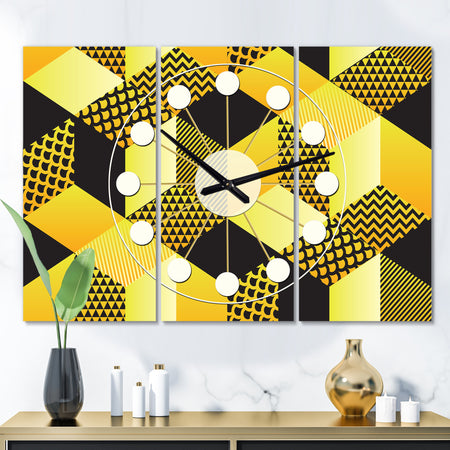 Retro Hexagon Pattern II - Oversized Mid-Century wall clock - 3 Panels