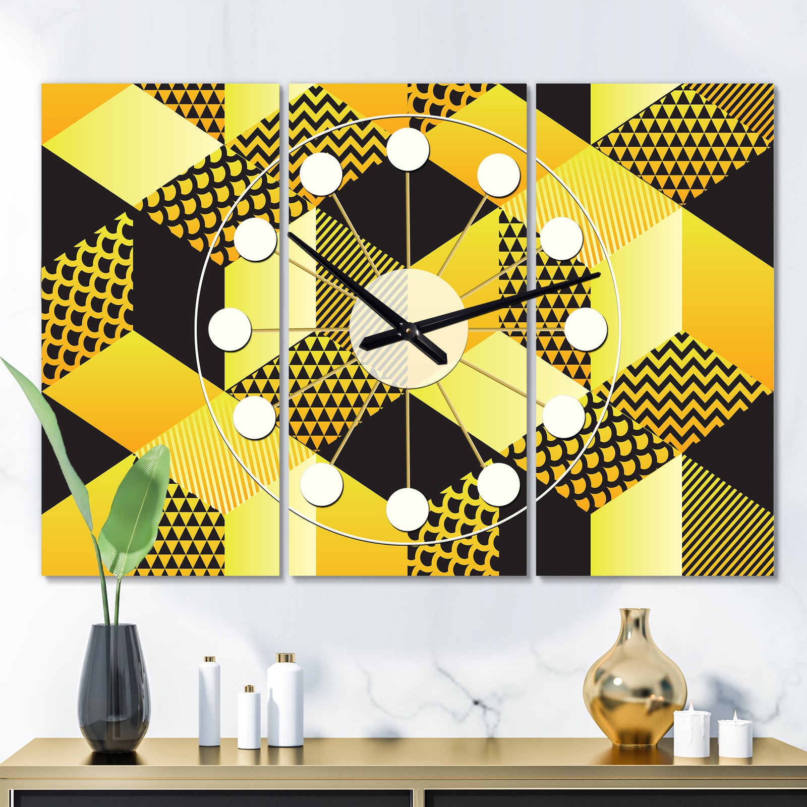 Retro Hexagon Pattern II - Oversized Mid-Century wall clock - 3 Panels