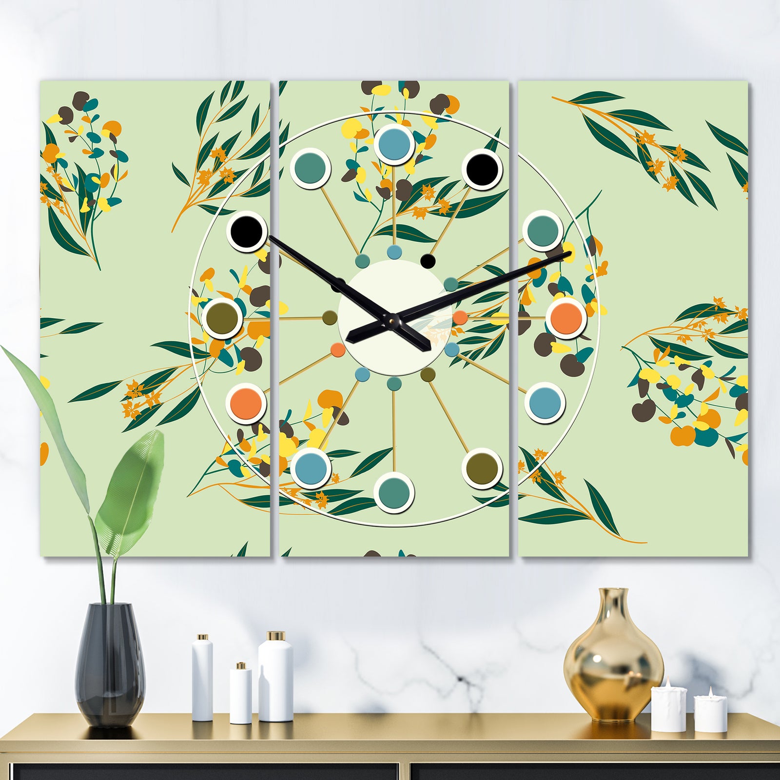 Bright Eucalyptus Floral Pattern III - Oversized Mid-Century wall clock - 3 Panels