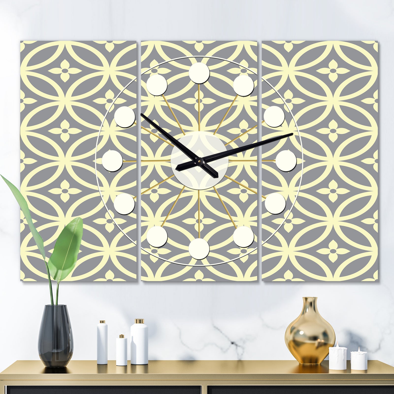 Retro Ornamental Pattern II - Oversized Mid-Century wall clock - 3 Panels
