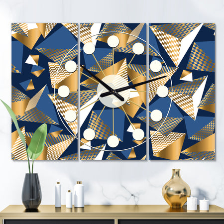 Gold and Blue Cubes - Oversized Mid-Century wall clock - 3 Panels