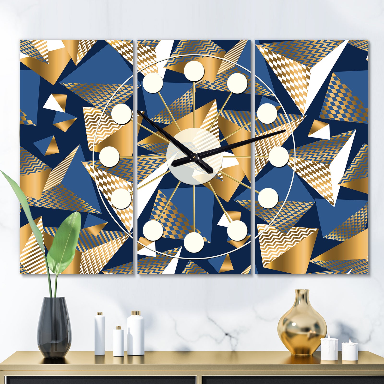 Gold and Blue Cubes - Oversized Mid-Century wall clock - 3 Panels