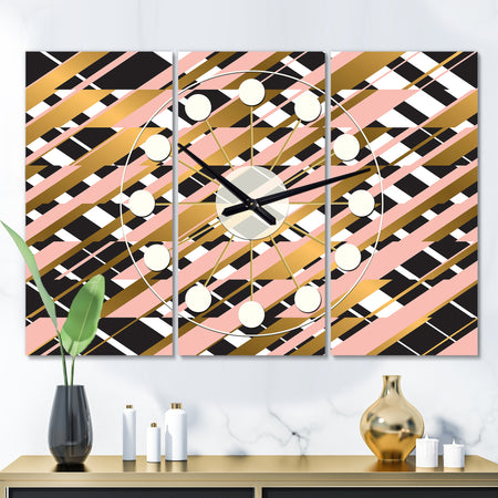 Gold Checkered Pattern II - Oversized Mid-Century wall clock - 3 Panels