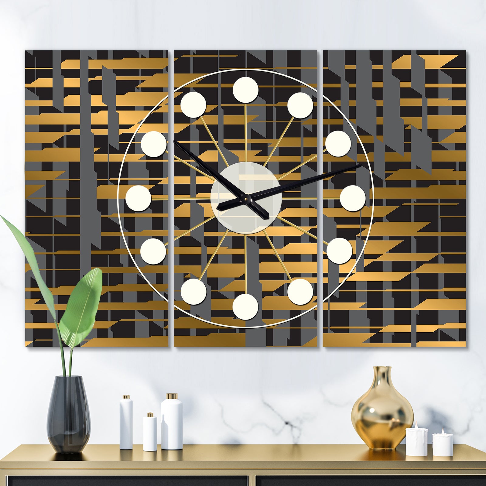 Gold Checkered Pattern I - Oversized Mid-Century wall clock - 3 Panels