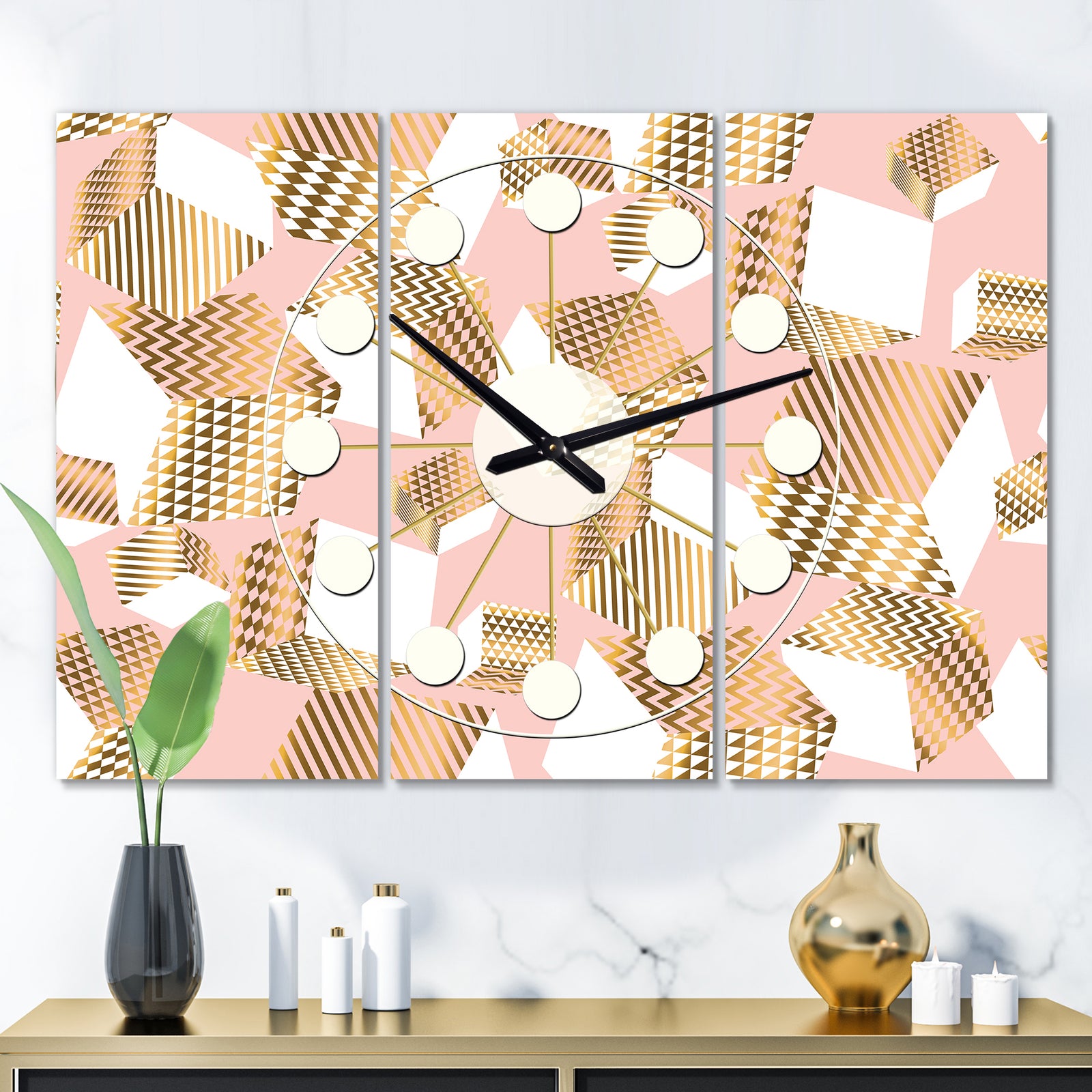 Gold and Rose Cubes I - Oversized Mid-Century wall clock - 3 Panels