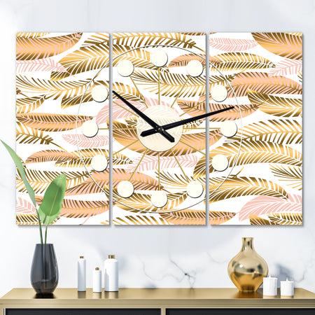 Golden Tropical Pattern III - Oversized Mid-Century wall clock - 3 Panels