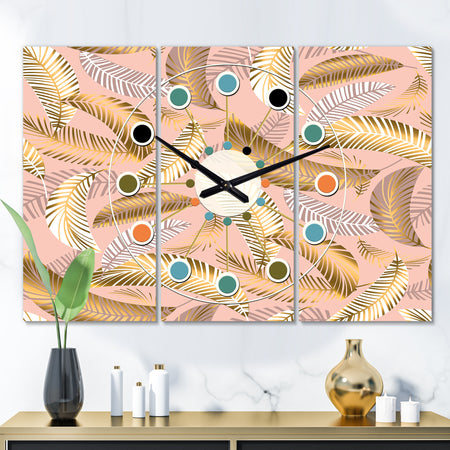 Golden Tropical Pattern V - Oversized Mid-Century wall clock - 3 Panels