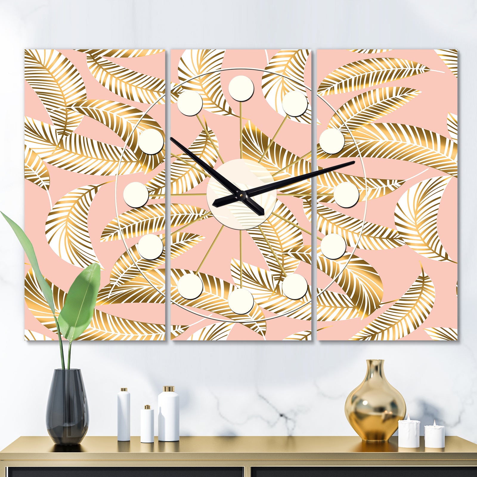 Golden Foliage IV - Oversized Mid-Century wall clock - 3 Panels