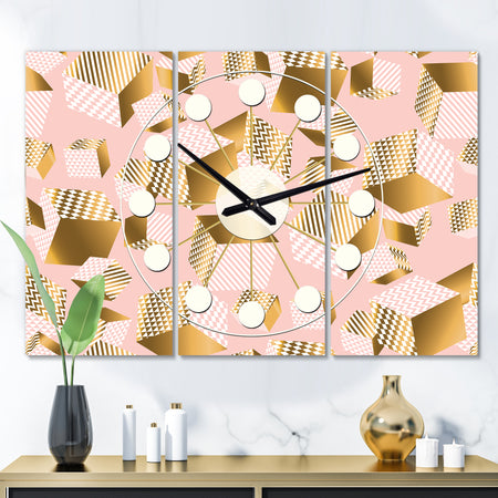 Gold and Rose Cubes II - Oversized Mid-Century wall clock - 3 Panels