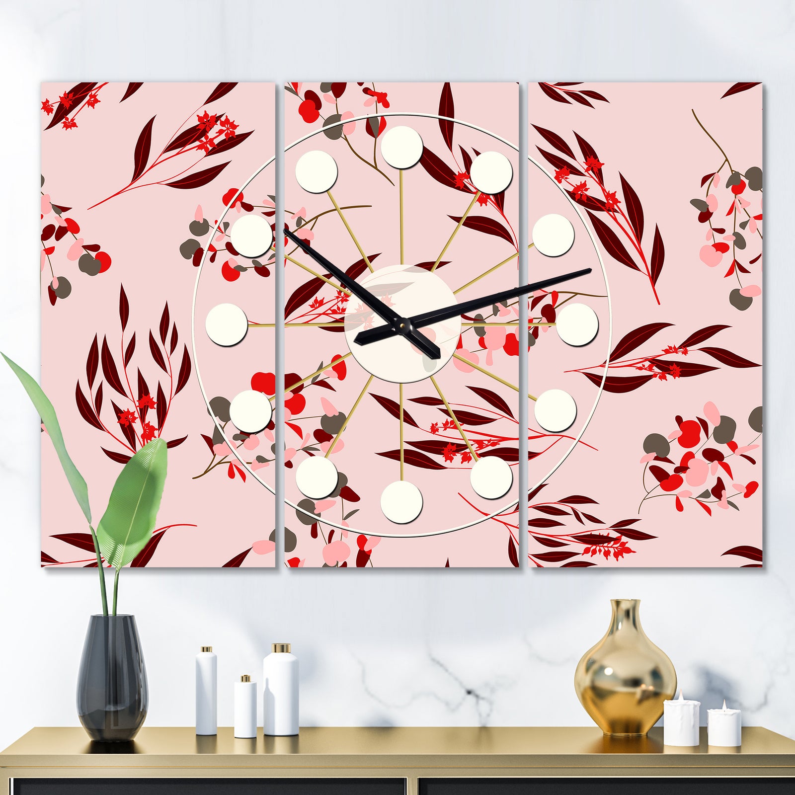 Bright Eucalyptus Floral Pattern II - Oversized Mid-Century wall clock - 3 Panels