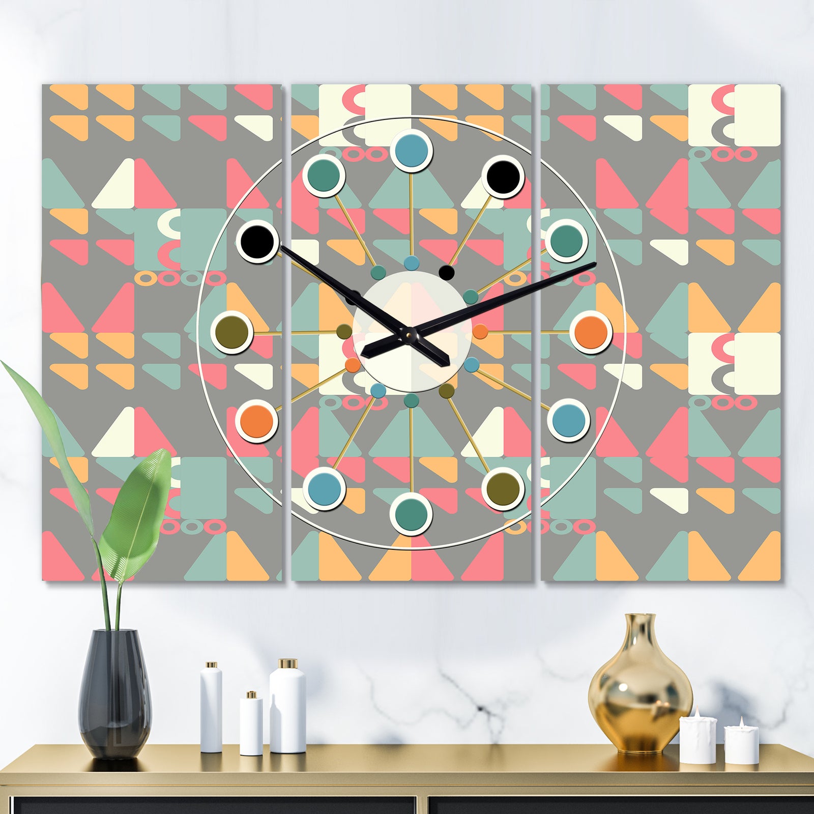 Retro Abstract Design V - Oversized Mid-Century wall clock - 3 Panels