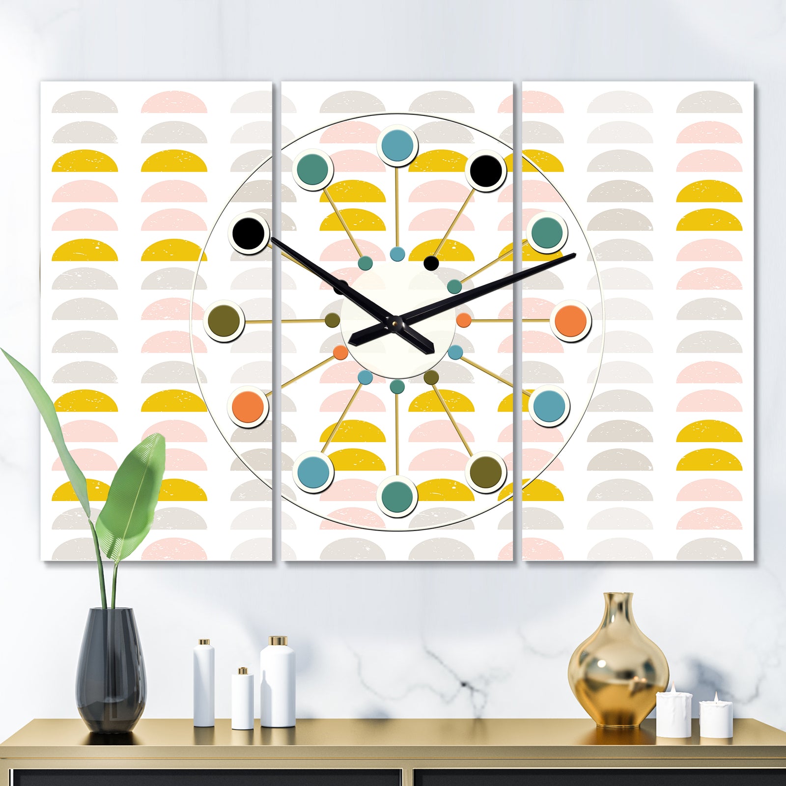 Retro Pastel Circular Pattern III - Oversized Mid-Century wall clock - 3 Panels