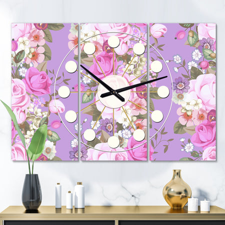 pattern with country roses - Oversized Mid-Century wall clock - 3 Panels
