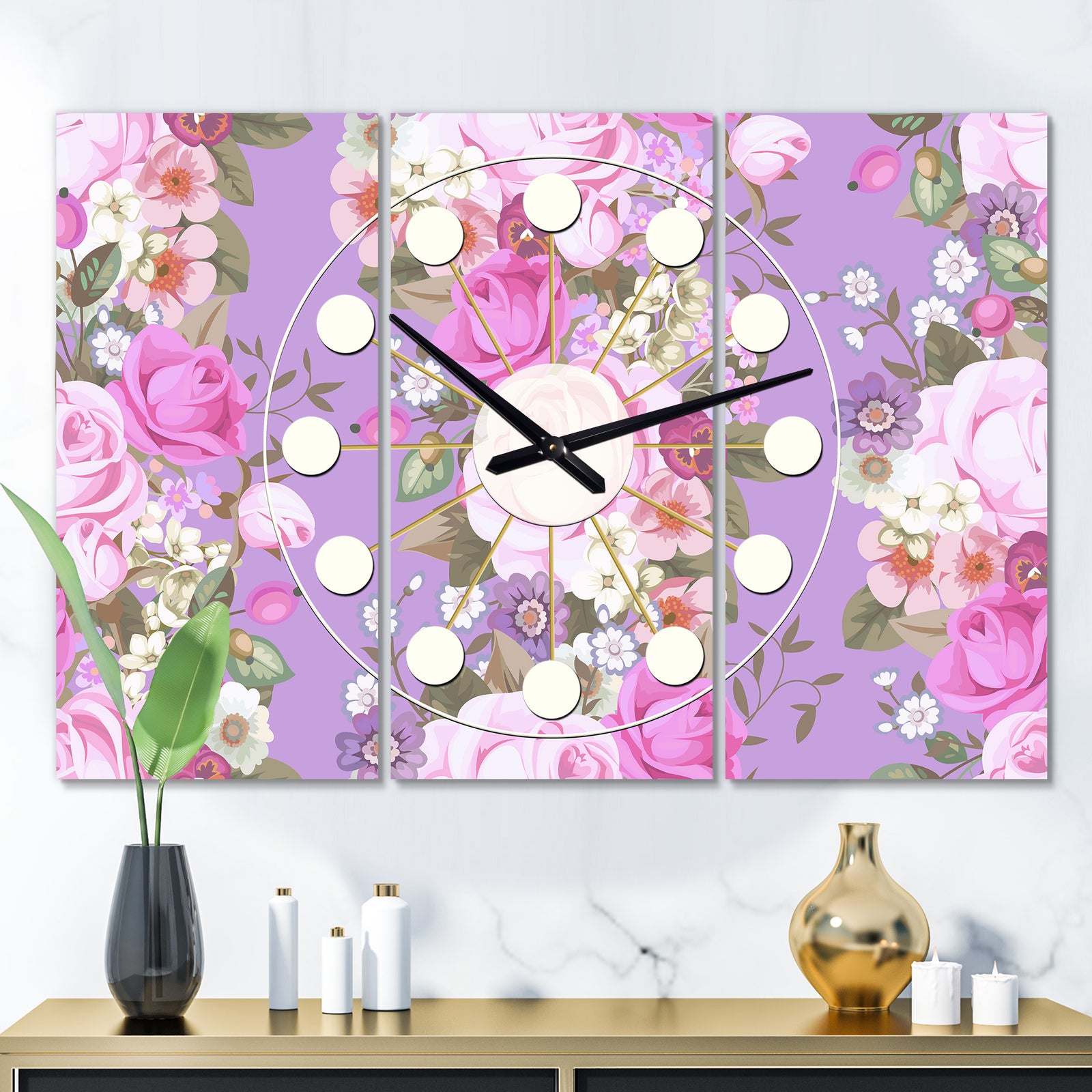 pattern with country roses - Oversized Mid-Century wall clock - 3 Panels