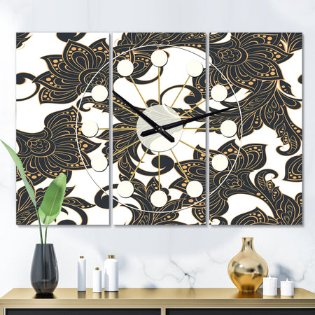 Retro Indian Floral Batik I - Oversized Mid-Century wall clock - 3 Panels