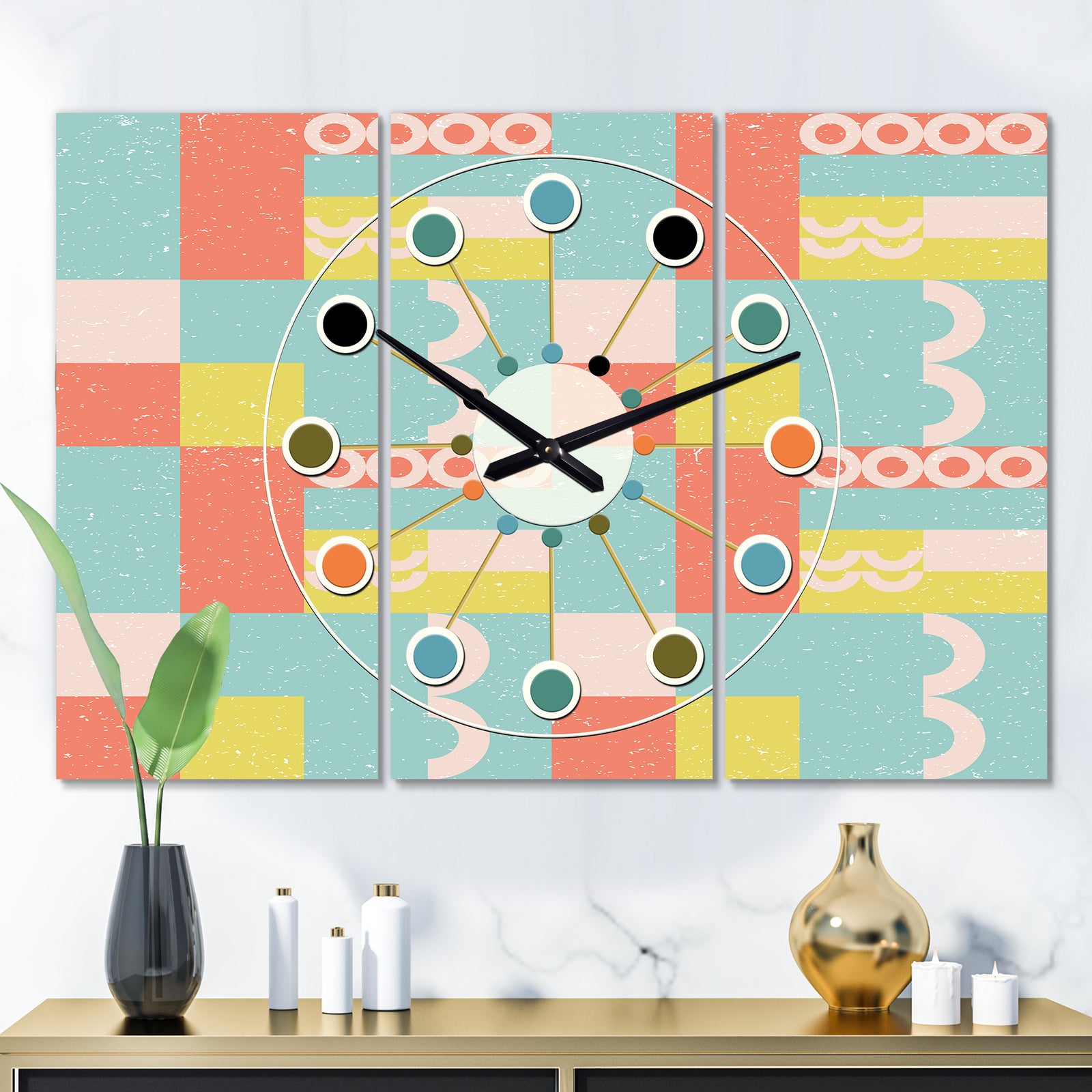 Retro Abstract Design III - Oversized Mid-Century wall clock - 3 Panels