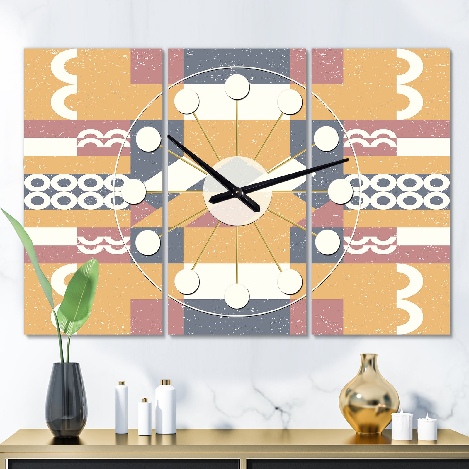 Retro Geometric  Design VI - Oversized Mid-Century wall clock - 3 Panels