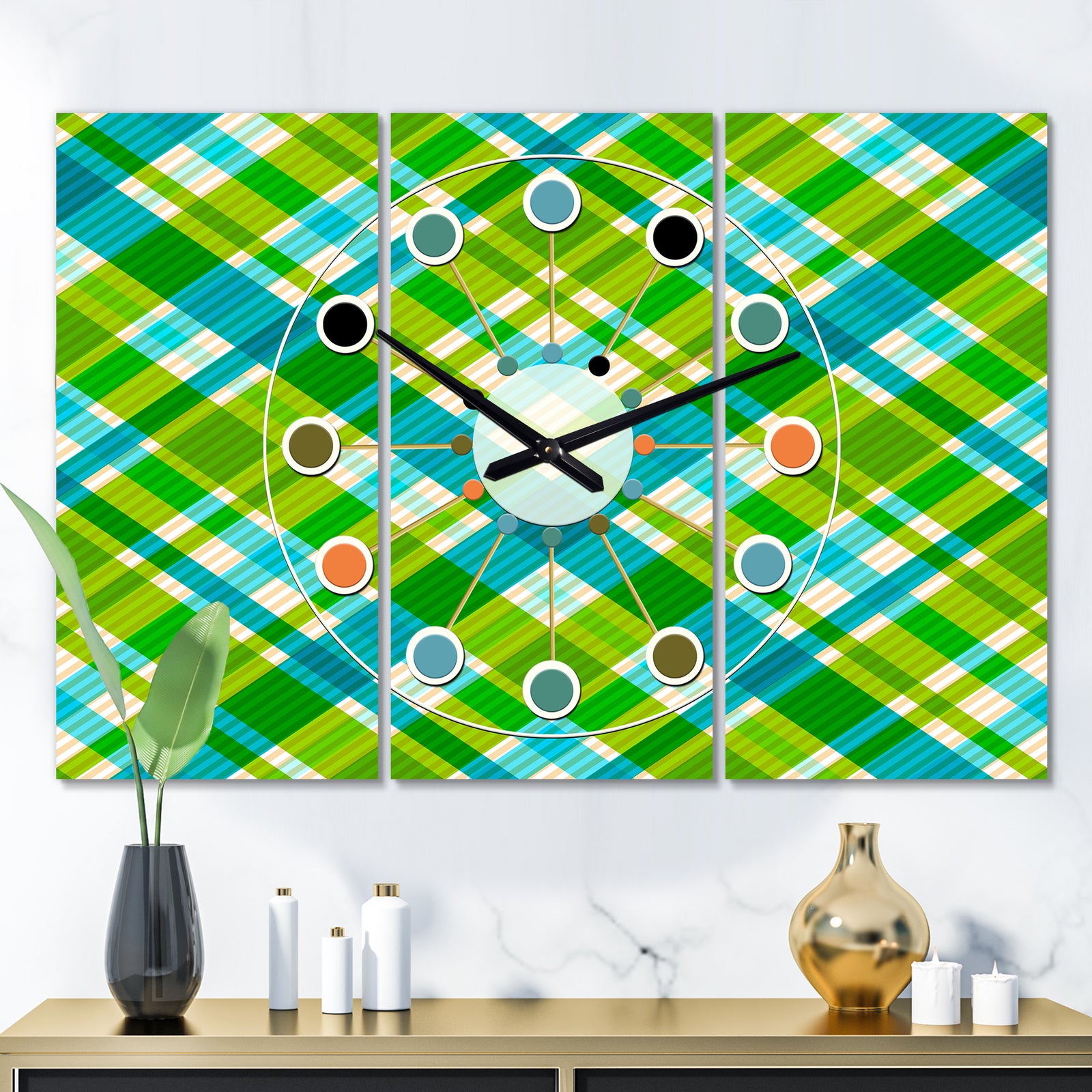 Tartan Geometrical Texture II - Oversized Mid-Century wall clock - 3 Panels