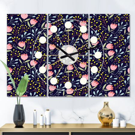 Handdrawn Pink Flowers  - Oversized Mid-Century wall clock - 3 Panels