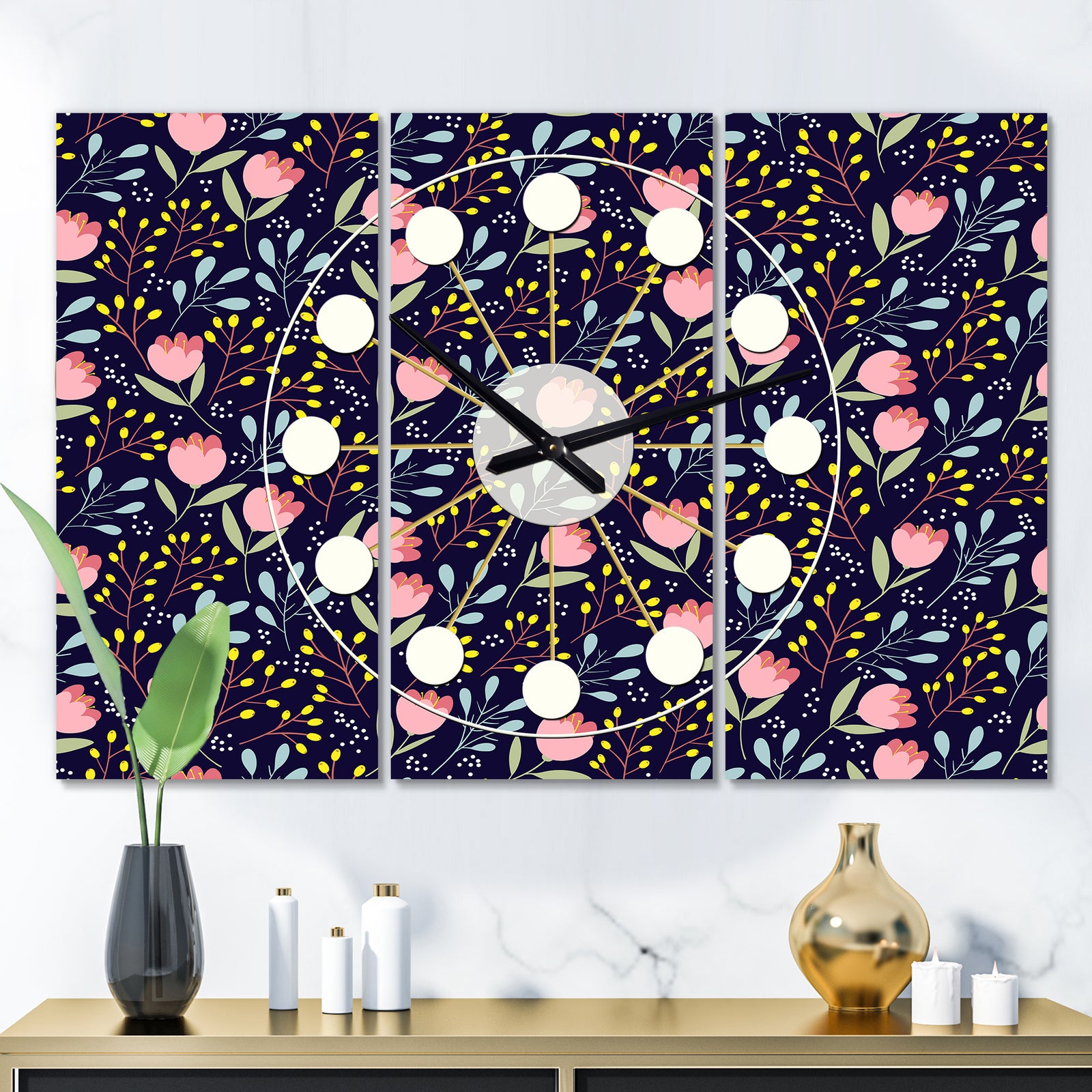 Handdrawn Pink Flowers  - Oversized Mid-Century wall clock - 3 Panels