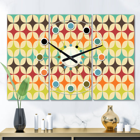 Abstract Retro Geometric Pattern V - Oversized Mid-Century wall clock - 3 Panels