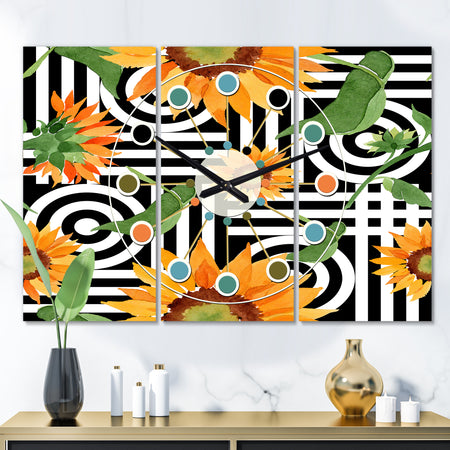 Retro Floral Botanical II - Oversized Mid-Century wall clock - 3 Panels