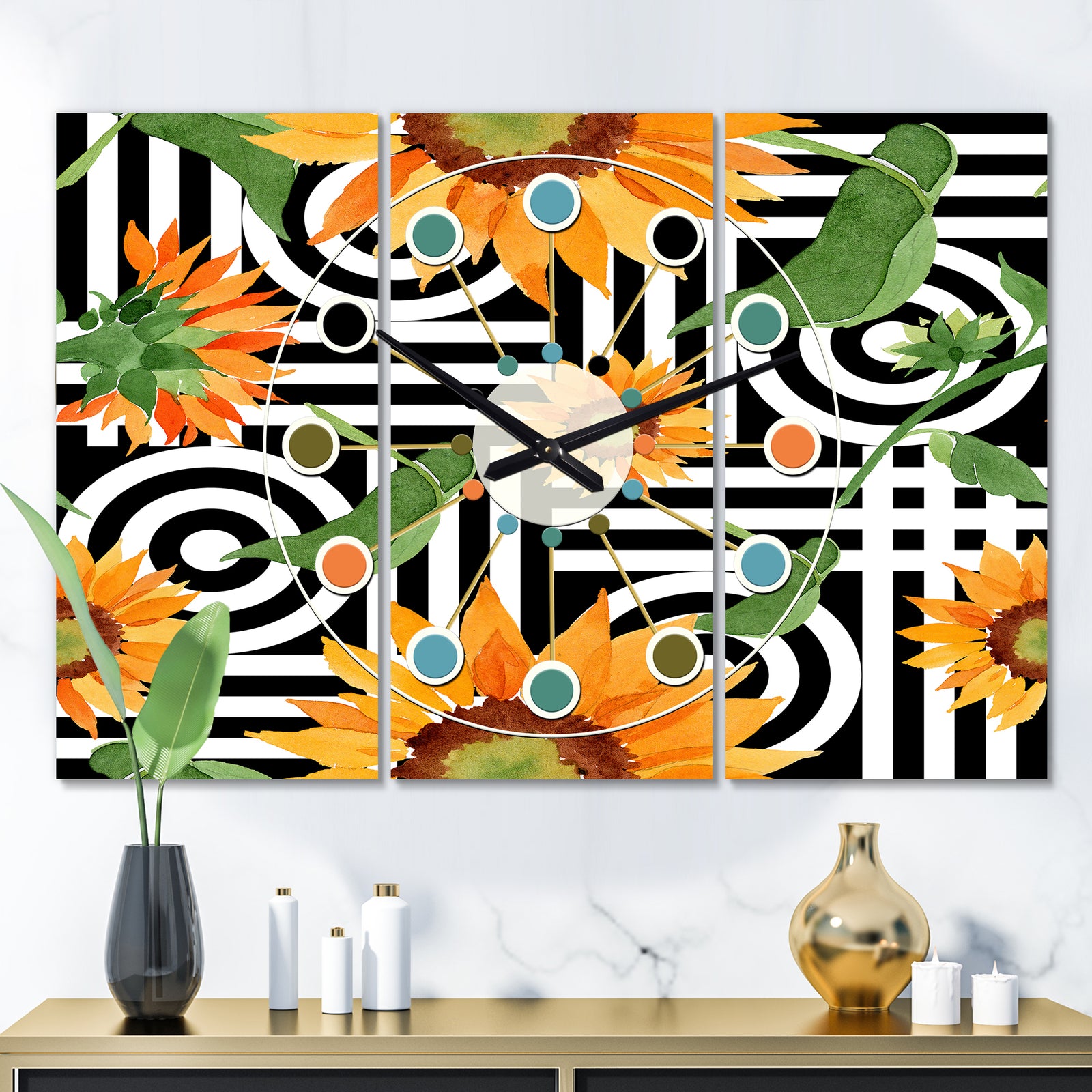 Retro Floral Botanical II - Oversized Mid-Century wall clock - 3 Panels