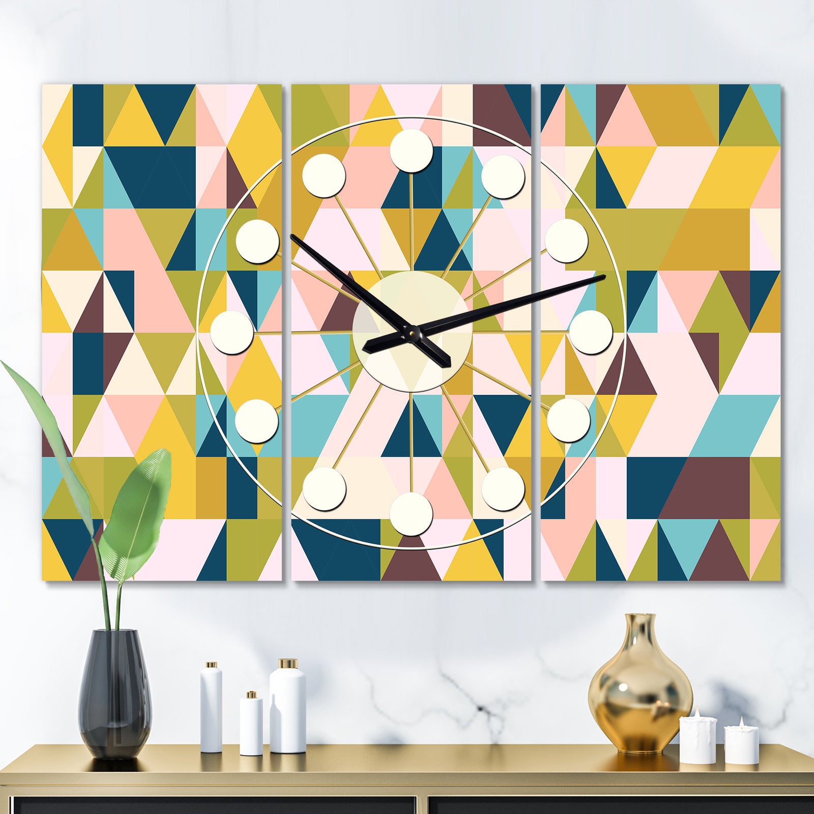 Triangular Retro Design I - Oversized Mid-Century wall clock - 3 Panels