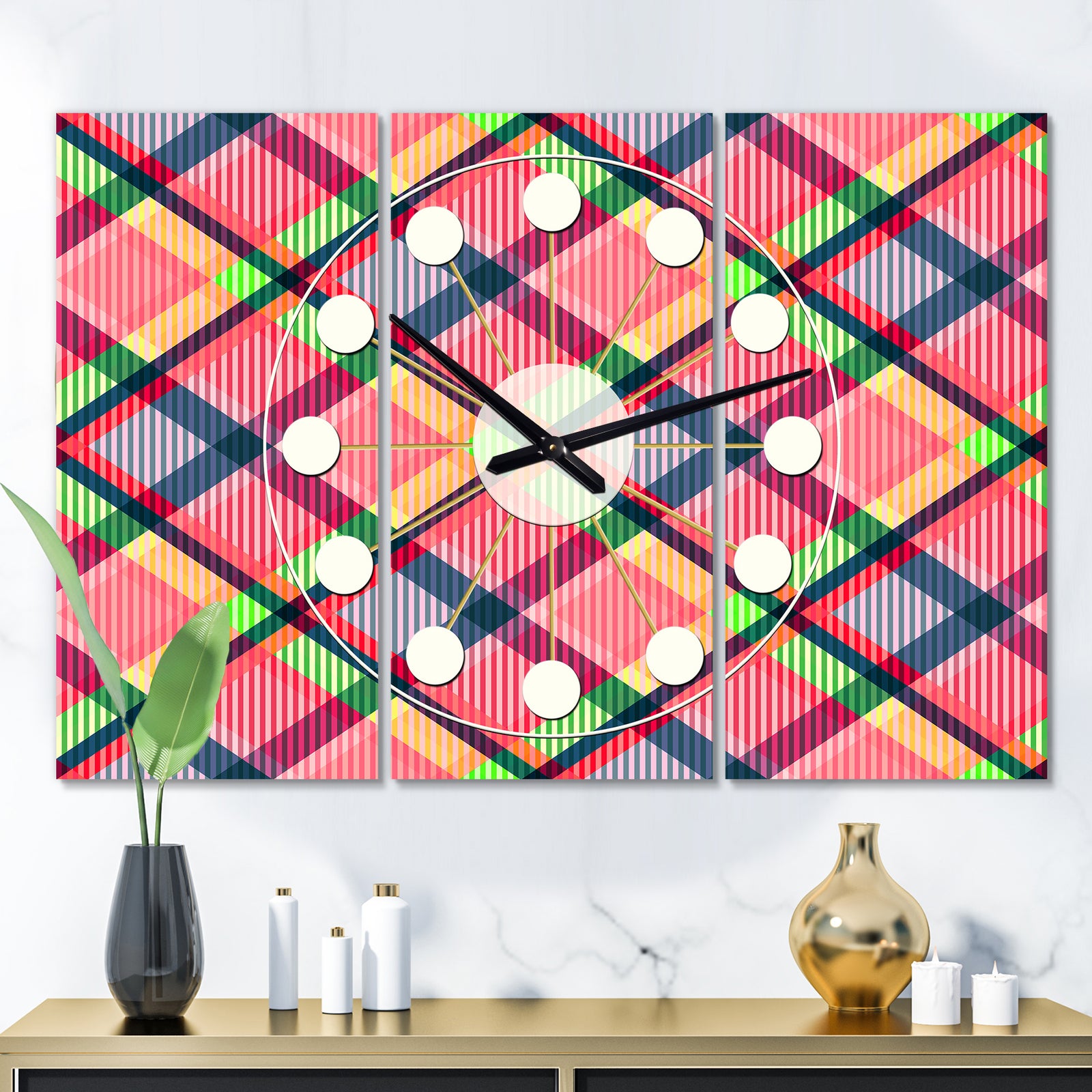 Tartan Geometrical Texture I  - Oversized Mid-Century wall clock - 3 Panels