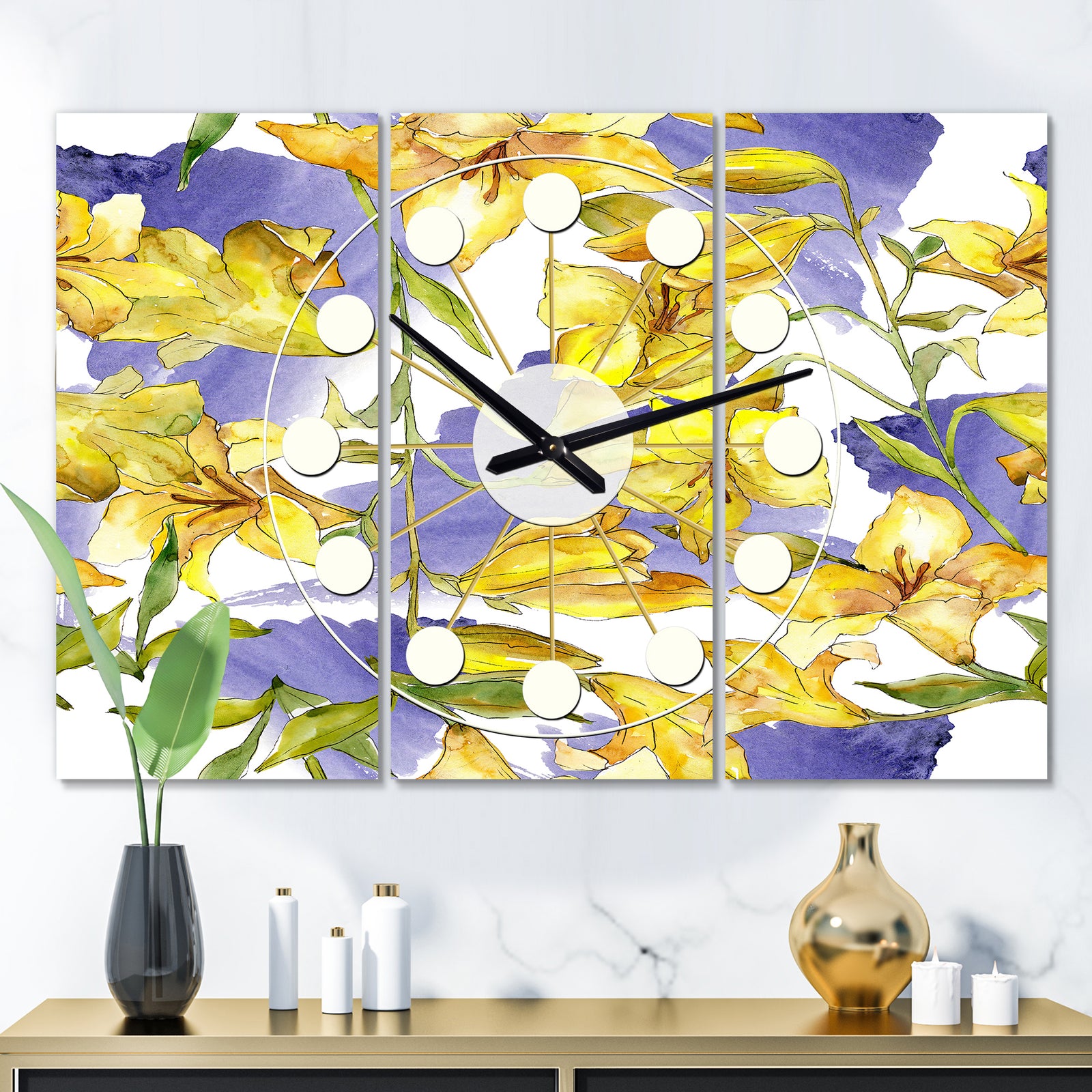 Retro Handdrawn Poppies V - Oversized Mid-Century wall clock - 3 Panels