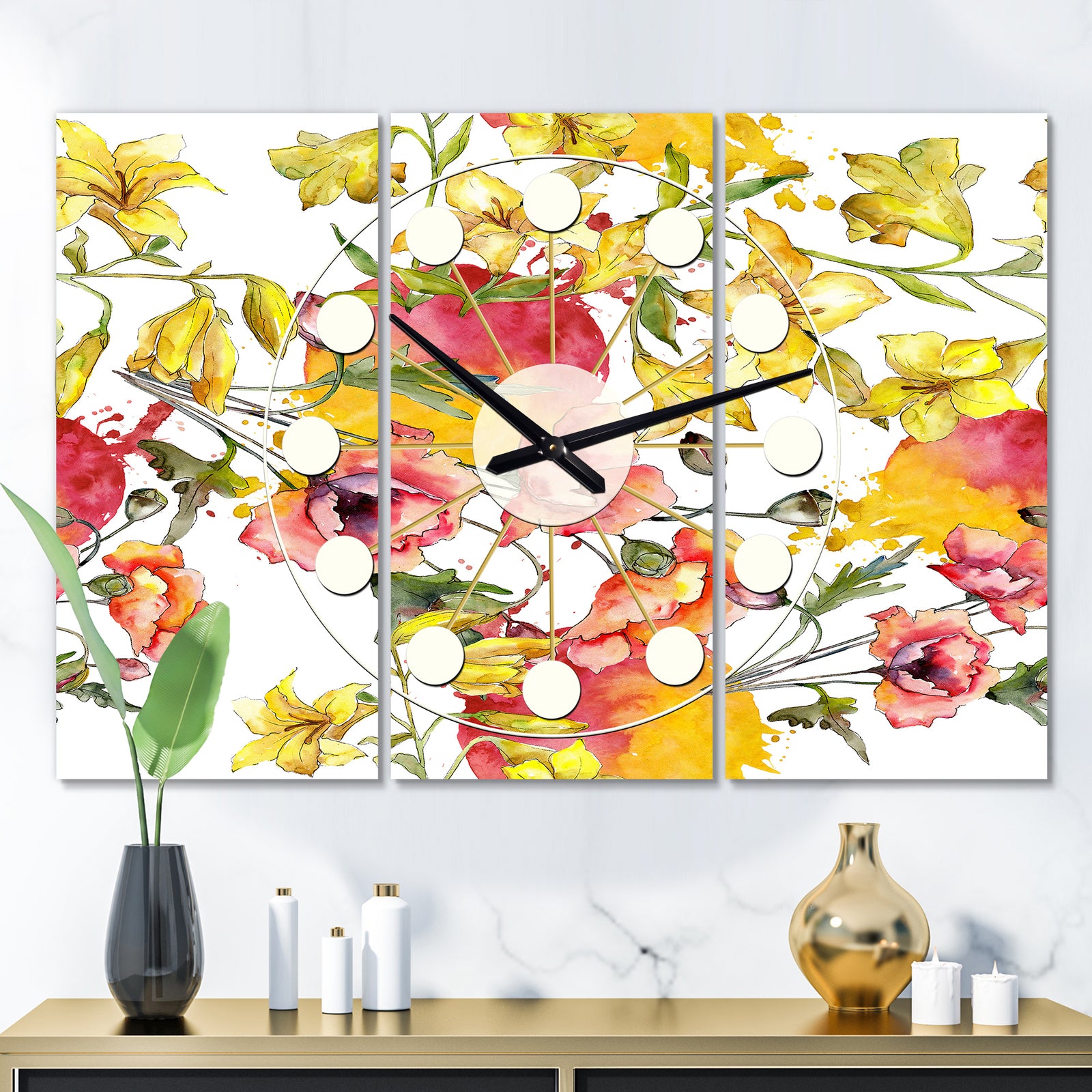 Retro Handdrawn Poppies IV - Oversized Mid-Century wall clock - 3 Panels